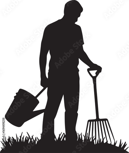 Silhouette of a man gardening vector on white background