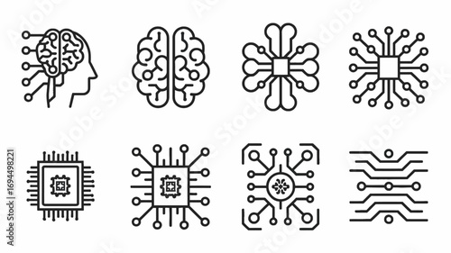 Set of icons representing artificial intelligence and computer chips for technology and innovation