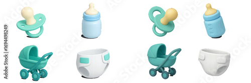 A complete set of essential baby items for newborn care and childcare including pacifiers, bottles, strollers, and diapers