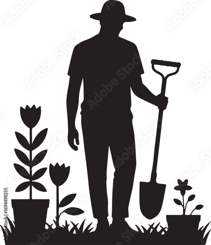 Silhouette of a man gardening vector on white background