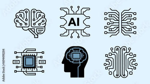 Artificial intelligence and machine learning concept icons. A collection of line art graphics representing technology and science
