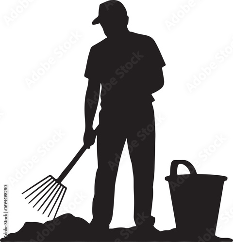 Silhouette of a man gardening vector on white background