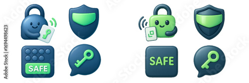 3D security icon set with cute padlock character, shield, keypad, and key for cybersecurity and data protection concepts
