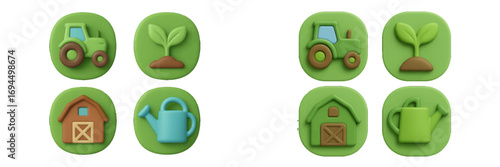 Set of 3D farming and agriculture icons featuring a tractor, plant sprout, barn, and watering can for modern web and app design