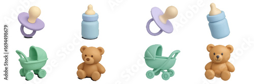 Set of 3D baby icons with pacifier, feeding bottle, stroller, and teddy bear in soft pastel colors isolated on a white background