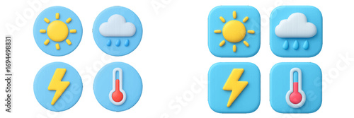 Modern weather icon set featuring sun, rain, storm, and temperature symbols in a clean volumetric style for app and web interfaces