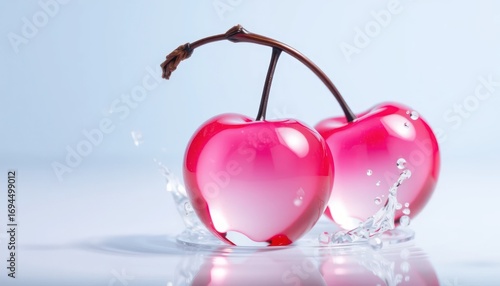 Vibrant cherries splashing in water on a light background