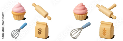 Stylized collection of essential baking ingredients and kitchen tools featuring sweet cupcakes, rolling pins, whisks, and flour bags