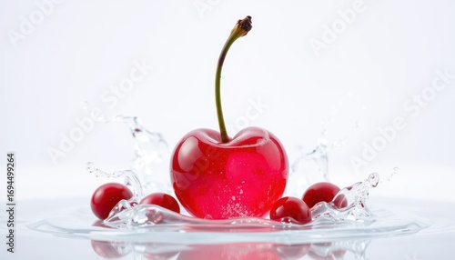 Vibrant cherry surrounded by splashing water droplets