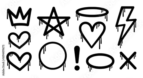Drip Graffiti Icons: Crown, Star, Heart, Lightning, Circle, Exclamation Mark, Oval, X
