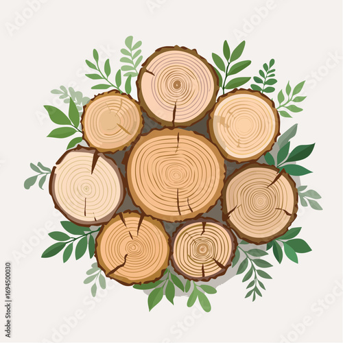 Wooden Log Rounds and Green Leaves Arrangement