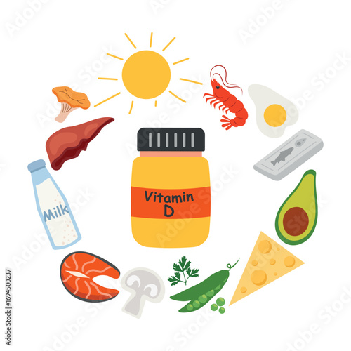 Jar with Vitamin D. Healthy nutrition and diet. Various products rich in vitamins.