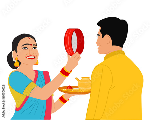 couple performing karwa chauth puja by looking her husband through a sieve indian festival vector illustration