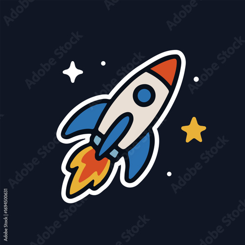 Rocket Ship Illustration with Flame Trail in Outer Space