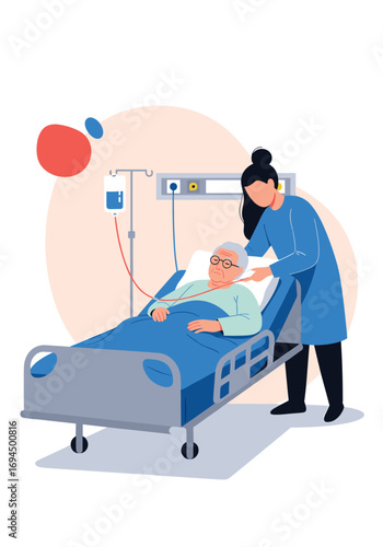 Caring nurse comforts elderly patient in hospital bed receiving intravenous fluid therapy