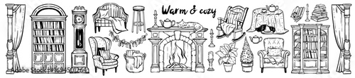 Vintage furniture doodle set, castle interior living room object illustration, cozy hand drawn home. Antique comfortable armchair, stone chimney wooden old clock, bookshelf. Retro furniture doodle art