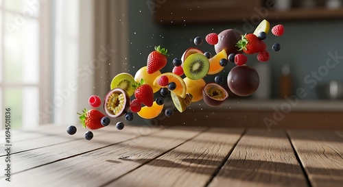 Floating fresh fruit assortment on wooden table healthy eating and nutrition concept