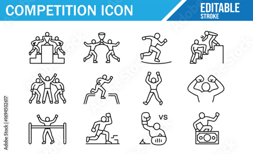 Competition and Sports Icons Set, Line Art Vectors for Tournaments and Games