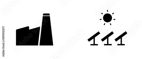 Factory and solar panels icon for green industry, carbon credits, renewable energy, solar power, environment. Solid vector icon.