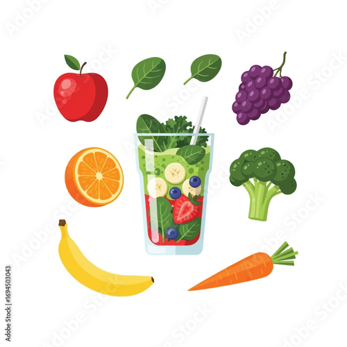 A vibrant green smoothie surrounded by its fresh fruit and vegetable ingredients.