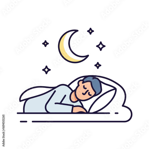 A person peacefully sleeping in bed under a crescent moon and twinkling stars.
