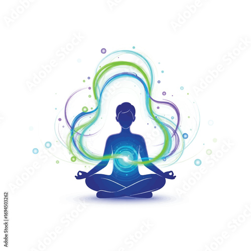 Silhouette of a person meditating in lotus position with swirling energy waves emanating from their core.