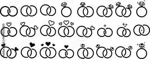 Set of minimal wedding ring icons with hearts, diamonds, and sparkles. Perfect for wedding invitations, marriage symbols, love, and romantic graphic elements