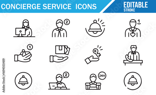 Concierge Service Editable Icons, Bell, Help, Assistance in Hospitality