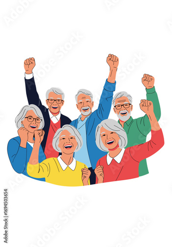 A joyful group of elderly friends celebrating together with raised fists