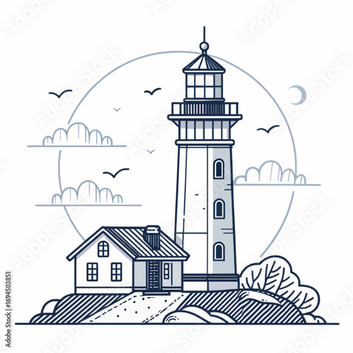 Lighthouse and house silhouette isolated on white background