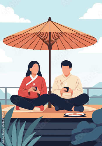 A peaceful moment enjoying tea under the sunshade with traditional korean clothing