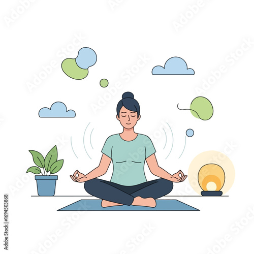 Woman peacefully meditating in lotus position, surrounded by calming visuals and a soft glow.