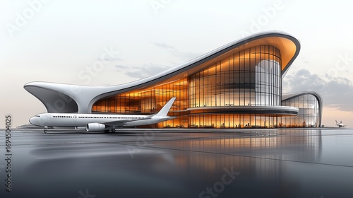 A modern airport terminal building with a futuristic design at sunset.

