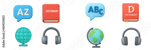 Modern 3D icons representing language translation, online education, and global communication with symbols for dictionaries, globes, and headphones