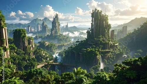 Lush overgrown ruins of a futuristic city nestled within a tropical valley, with winding paths and waterfalls cascading down the rocky slopes, create a vibrant and serene landscape under a bright sky.