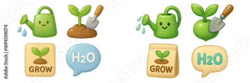 Collection of cute gardening icons in a glossy 3D style featuring a kawaii watering can, green sprout in soil with a trowel, and H2O symbol for plant growth