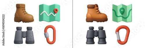 3D style collection of hiking and camping equipment with a boot, map, binoculars, and carabiner for outdoor adventure and travel