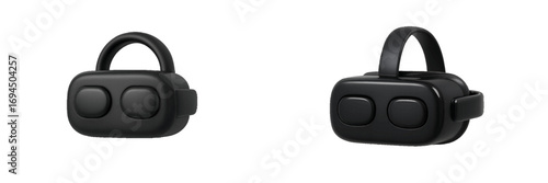 Sleek black virtual reality headset for immersive gaming and metaverse experiences, modern VR goggles isolated on a white background