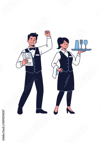Professional restaurant waiter and waitress team providing excellent service