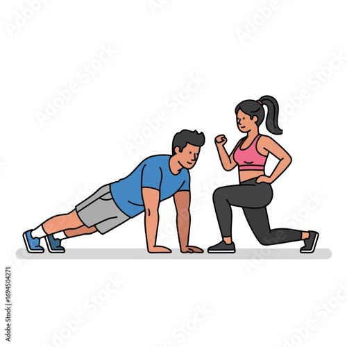 A man does push-ups while a woman performs a lunge exercise, both in athletic attire.