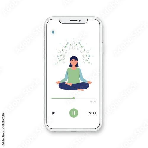 A smartphone displaying a woman meditating, with a guided meditation app interface.