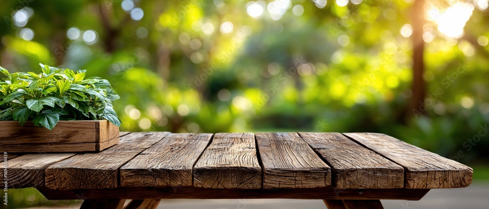 Fototapeta premium Wooden Table with Plant and Blurred Green Background.