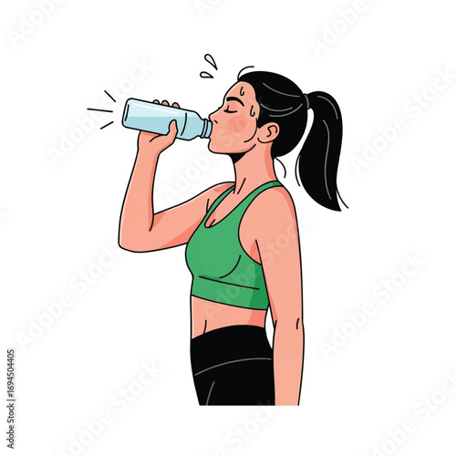 Woman athlete takes a refreshing drink of water after a workout, feeling the relief.