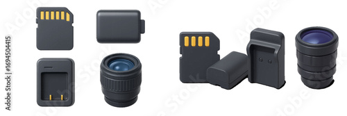 Set of camera accessories including a lens, rechargeable battery, charger, and memory card isolated on a white background