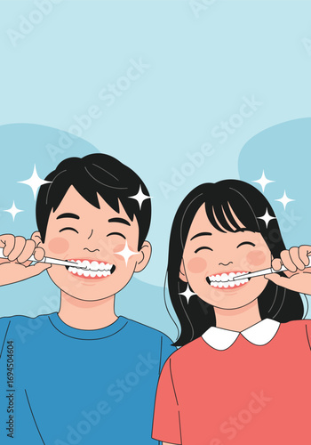 Children practicing daily tooth brushing for healthy white teeth and fresh breath