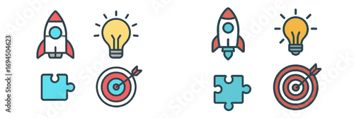 Business startup and development icon set with rocket ship for launch, lightbulb for idea, puzzle for strategy, and target for goal