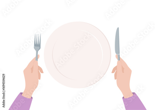 Two hands holding a dinner knife and fork and a large empty plate in the center isolated on a white background, top view. Flat vector illustration