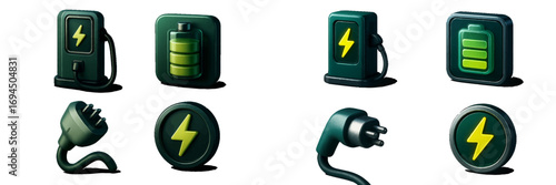 Collection of 3D icons representing electric vehicle charging stations, battery power levels, electrical plugs, and green energy symbols
