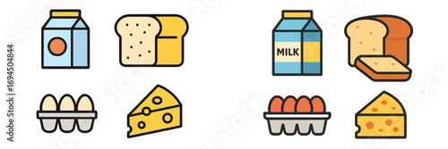 Set of essential grocery food icons including milk, bread, eggs, and cheese shown in two different flat design styles