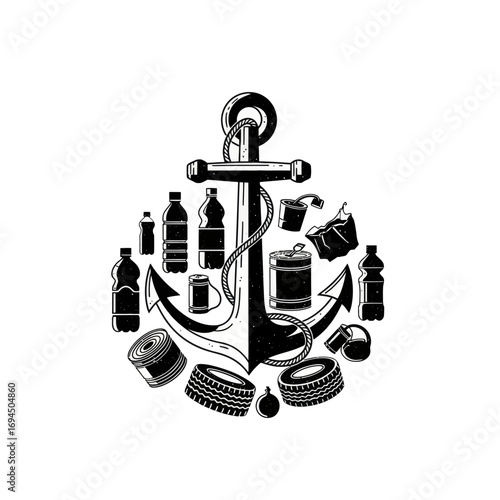 Anchor with surrounding ocean plastic pollution.